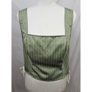 Cider Green Pinstripe Lace Up Side Corset Top Smocked Back 1XL Boho Cottagecore